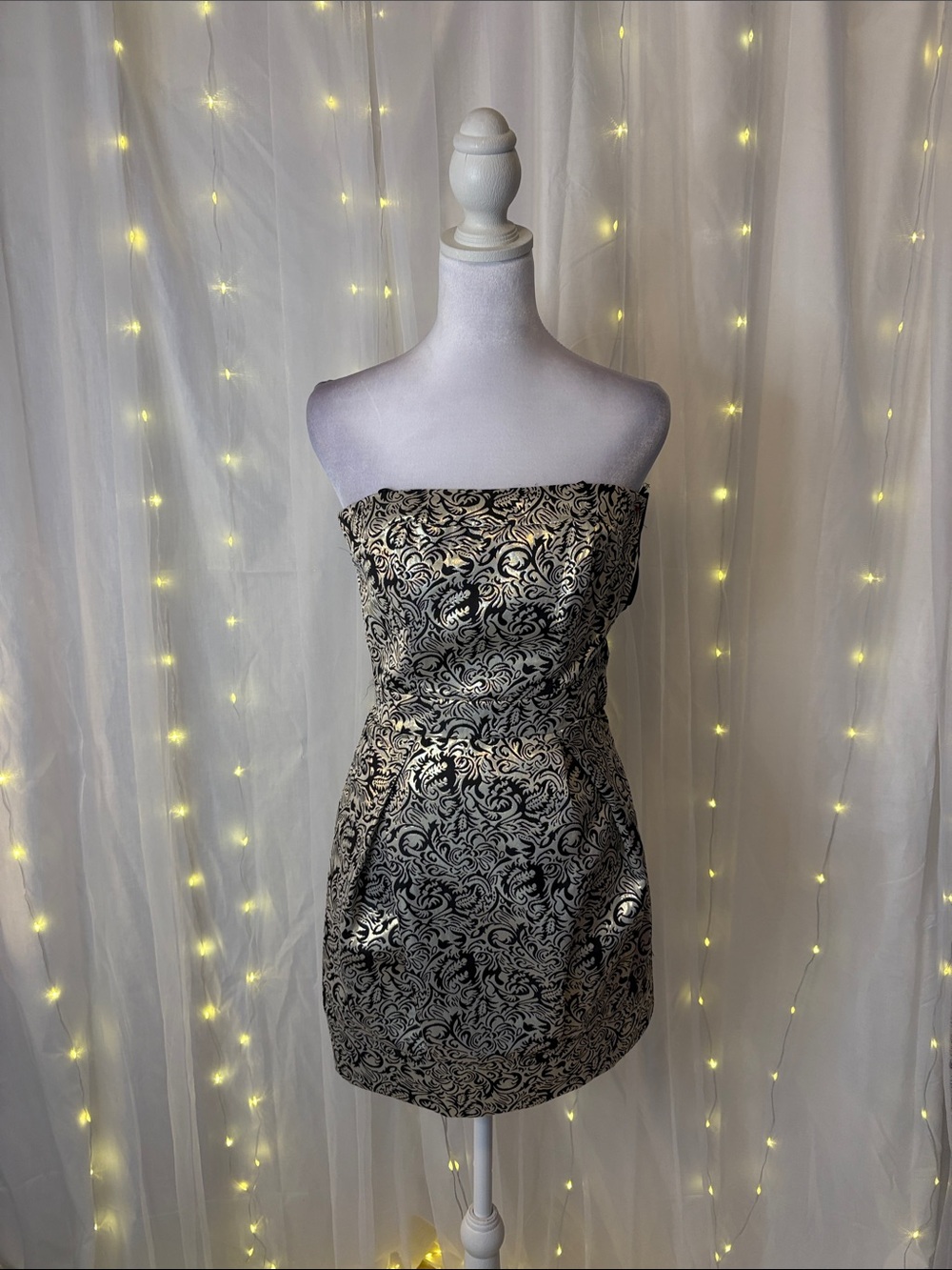 B Darlin Black and Gold Strapless Brocade Cocktail Dress